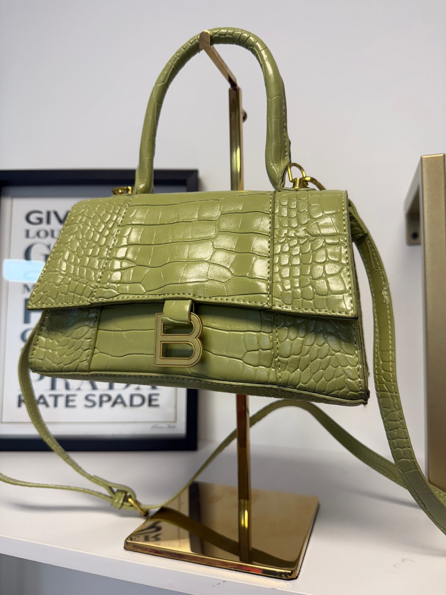 Premium Croc-Embossed Top-Handle Mini Bag – Olive Green Designer Style with Extra Strap