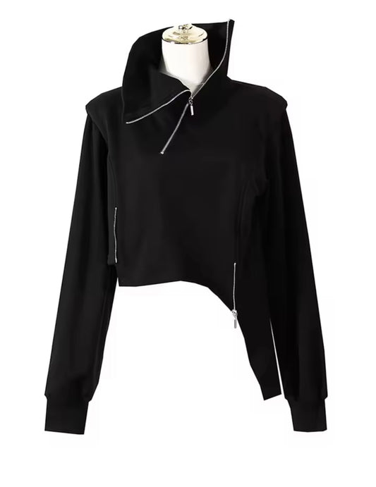 Womens Black Deconstructed Zip Sweatshirt Jacket