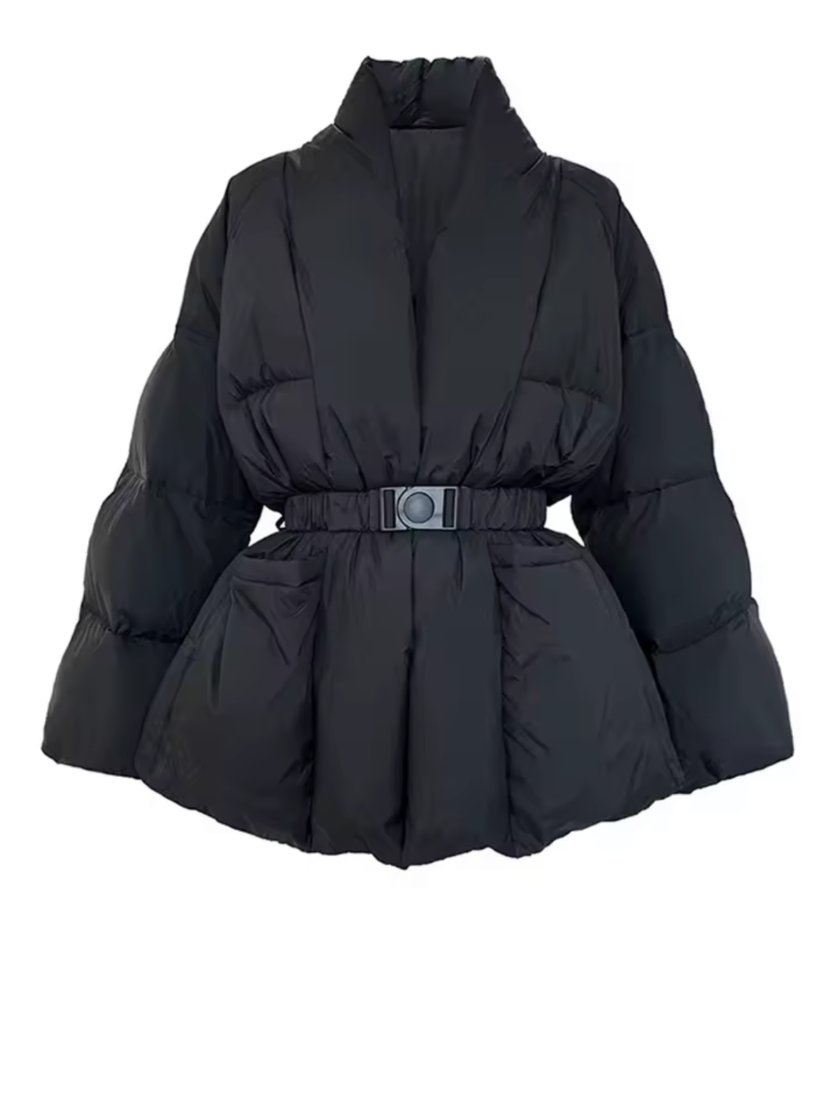 Black puffer coat with a belt on a white background