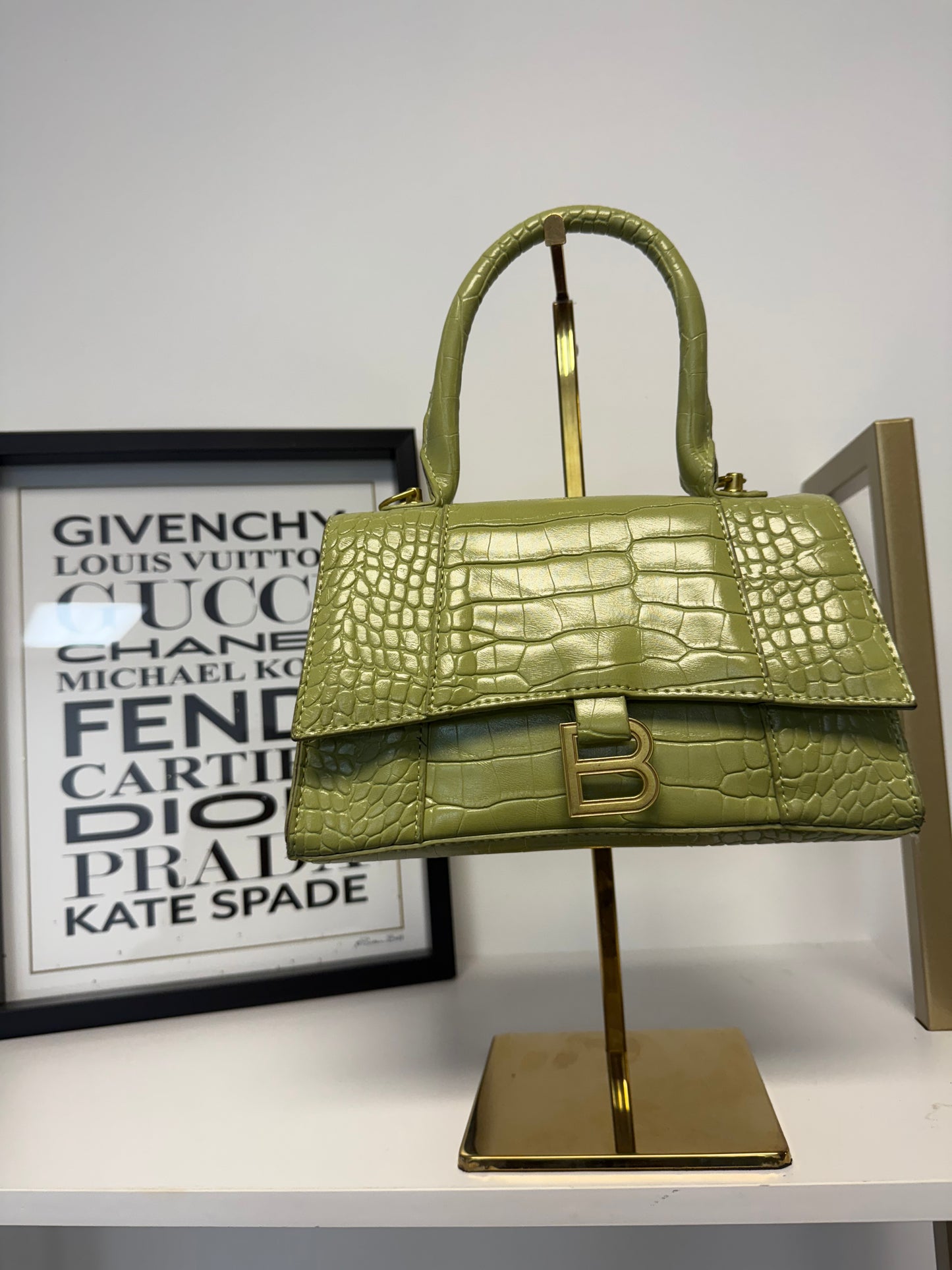 Premium Croc-Embossed Top-Handle Mini Bag – Olive Green Designer Style with Extra Strap