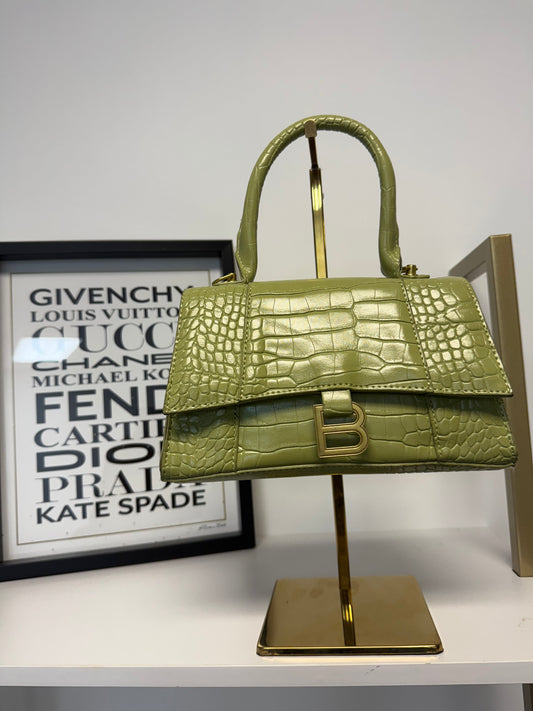 Premium Croc-Embossed Top-Handle Mini Bag – Olive Green Designer Style with Extra Strap