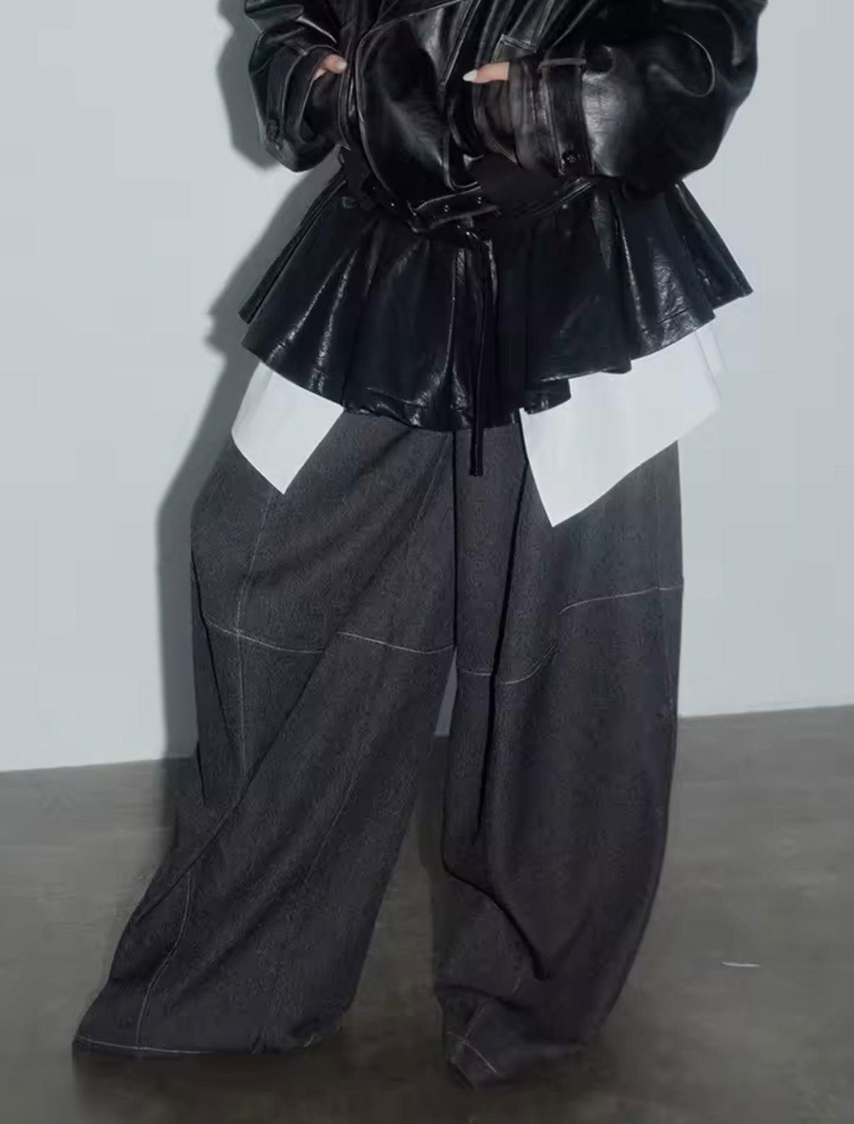 Layered Black Faux Leather Corset Mini Skirt with Asymmetrical White Hem