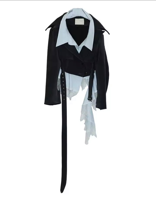 Dark Grey Women’s Deconstructed Patchwork Blazer – Asymmetric Layered Fashion Jacket