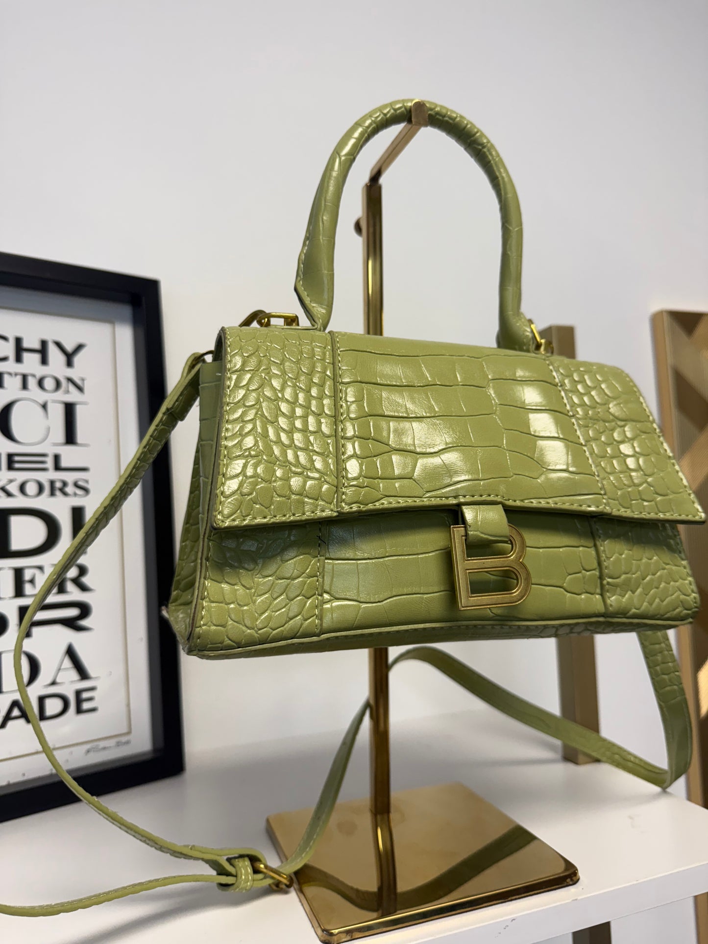 Premium Croc-Embossed Top-Handle Mini Bag – Olive Green Designer Style with Extra Strap