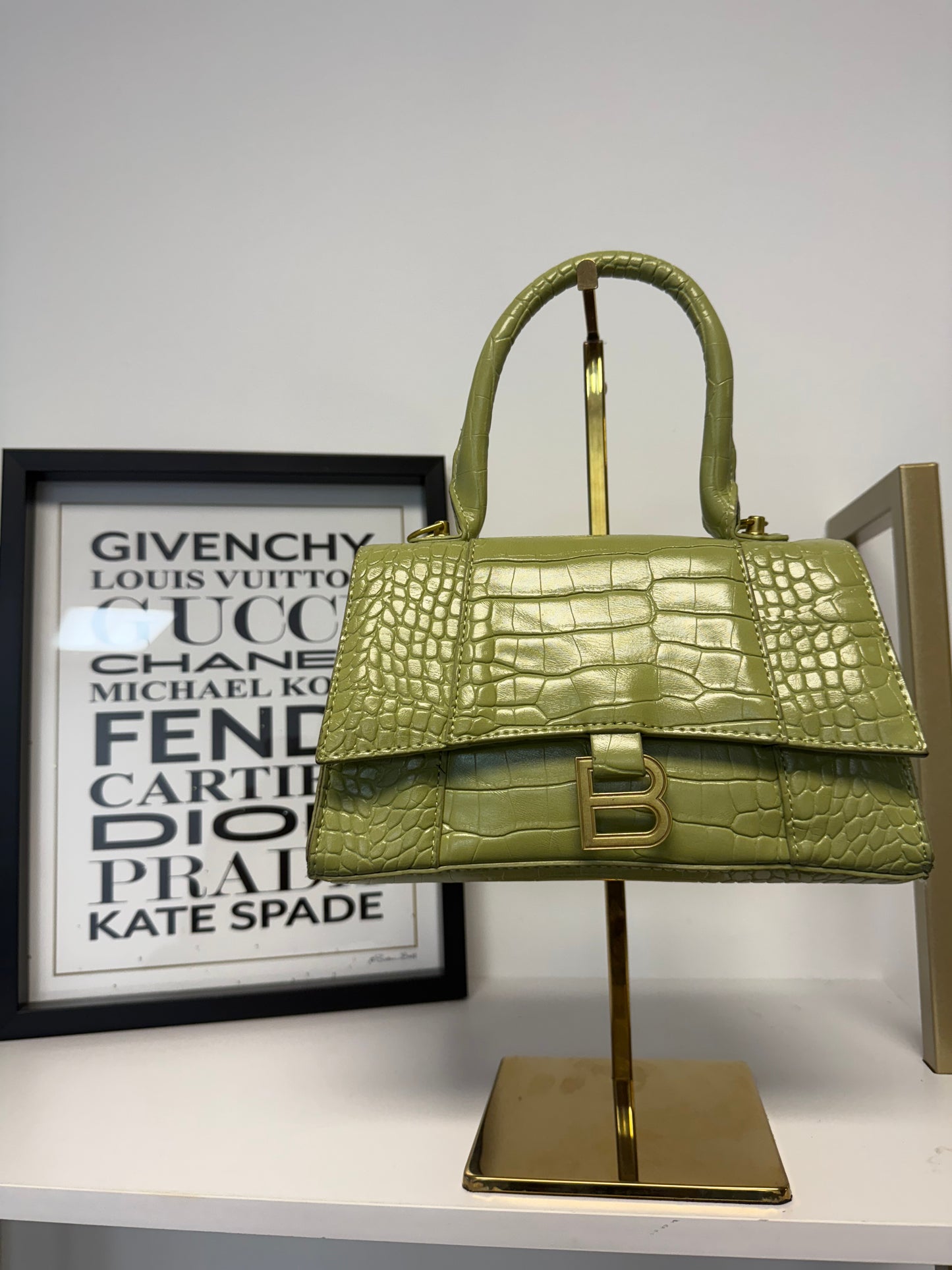 Premium Croc-Embossed Top-Handle Mini Bag – Olive Green Designer Style with Extra Strap