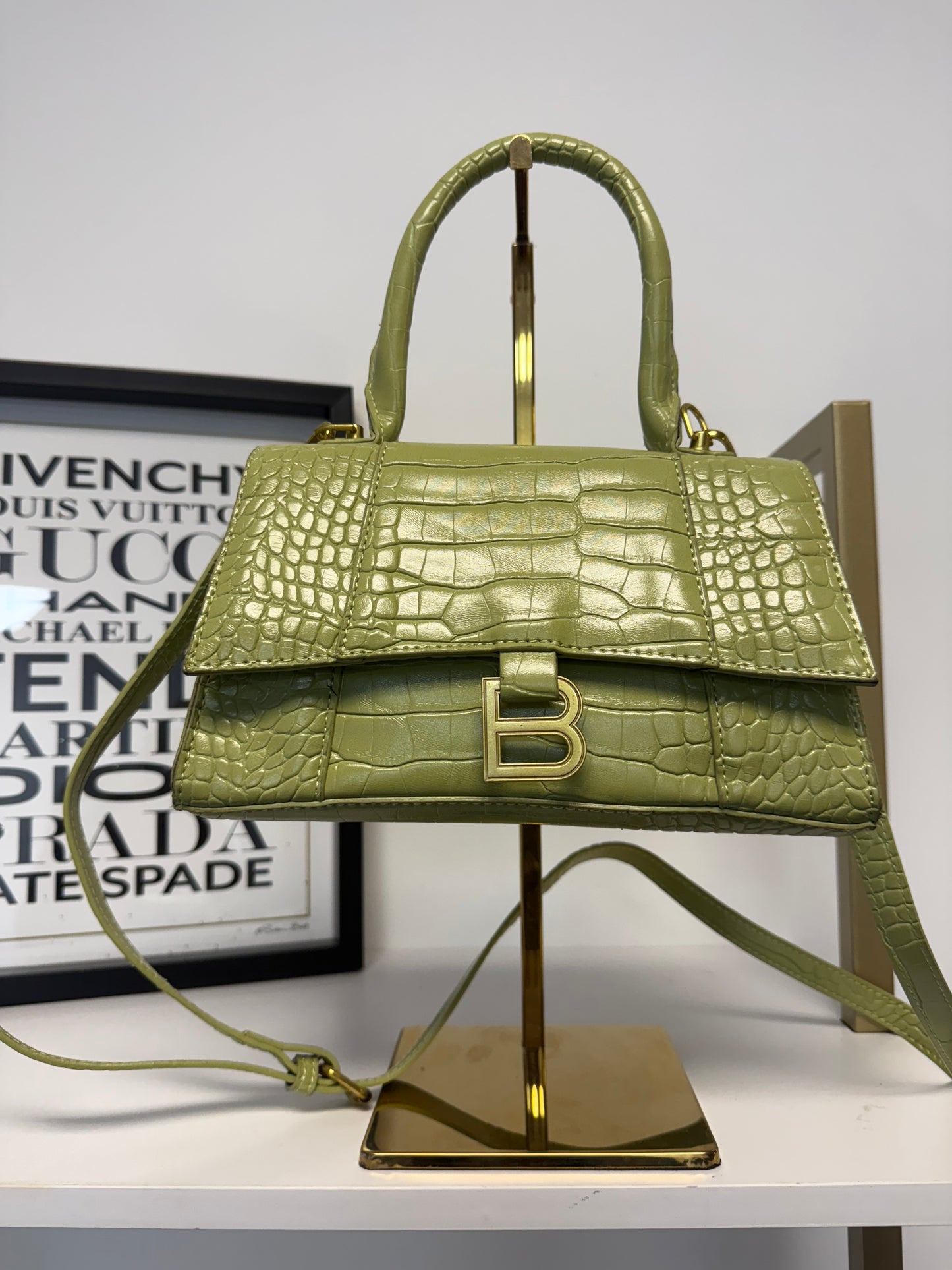Premium Croc-Embossed Top-Handle Mini Bag – Olive Green Designer Style with Extra Strap