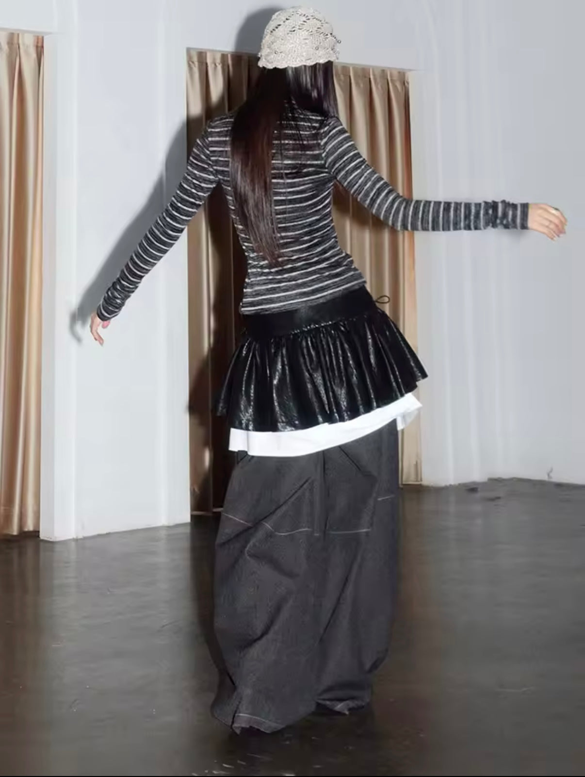 Layered Black Faux Leather Corset Mini Skirt with Asymmetrical White Hem