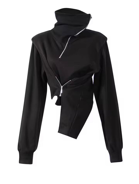Womens Black Deconstructed Zip Sweatshirt Jacket