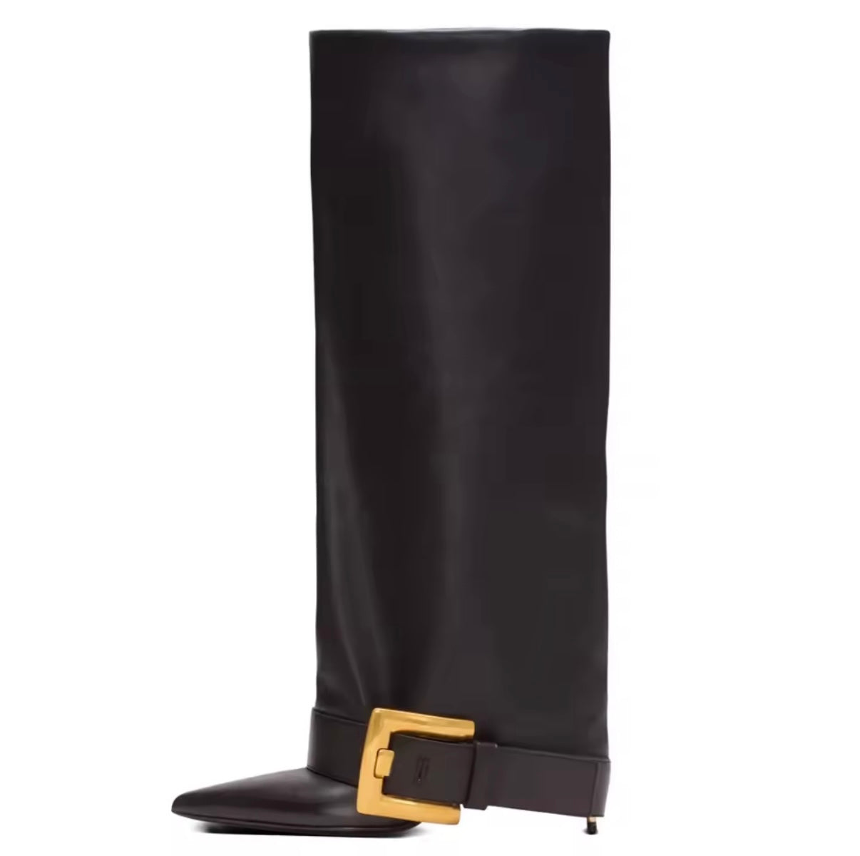 Black knee-high boot with a gold buckle on a white background