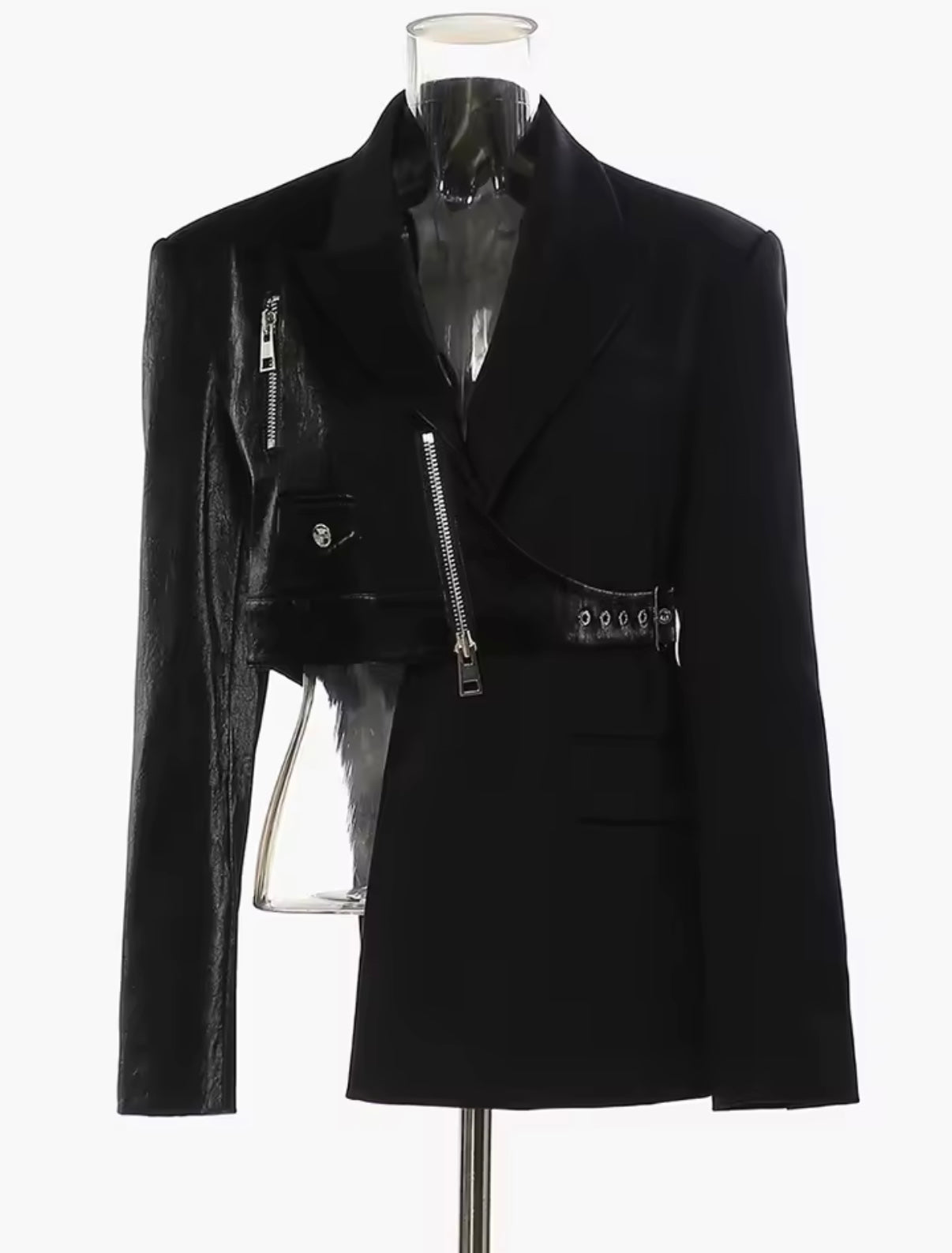 Black Asymmetric Leather Hybrid Blazer – Avant-Garde Moto Tailored Jacket
