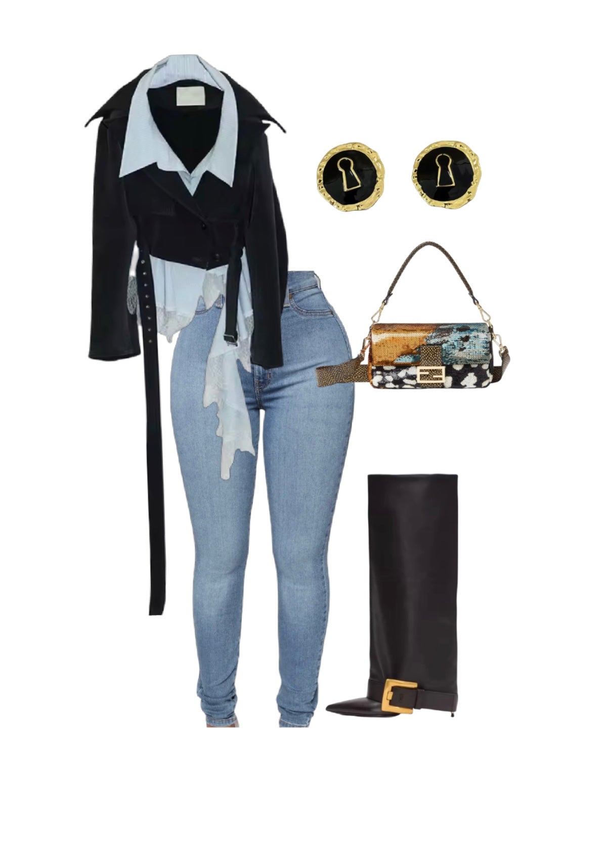 Fashion outfit with black jacket, ripped jeans, black boots, and handbag on a white background