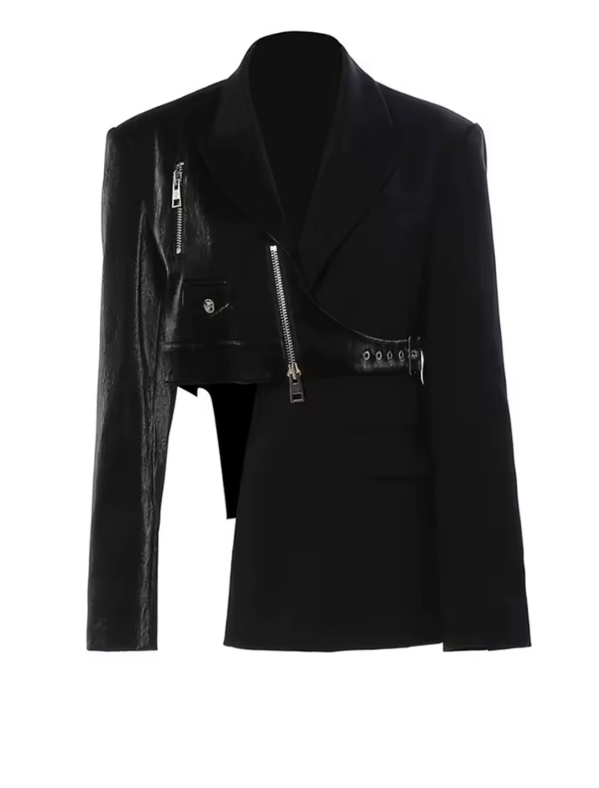 Black Asymmetric Leather Hybrid Blazer – Avant-Garde Moto Tailored Jacket