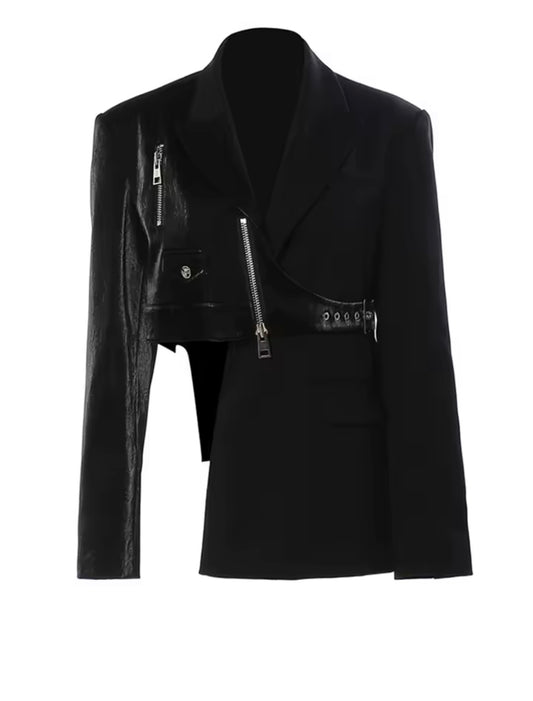 Black Asymmetric Leather Hybrid Blazer – Avant-Garde Moto Tailored Jacket